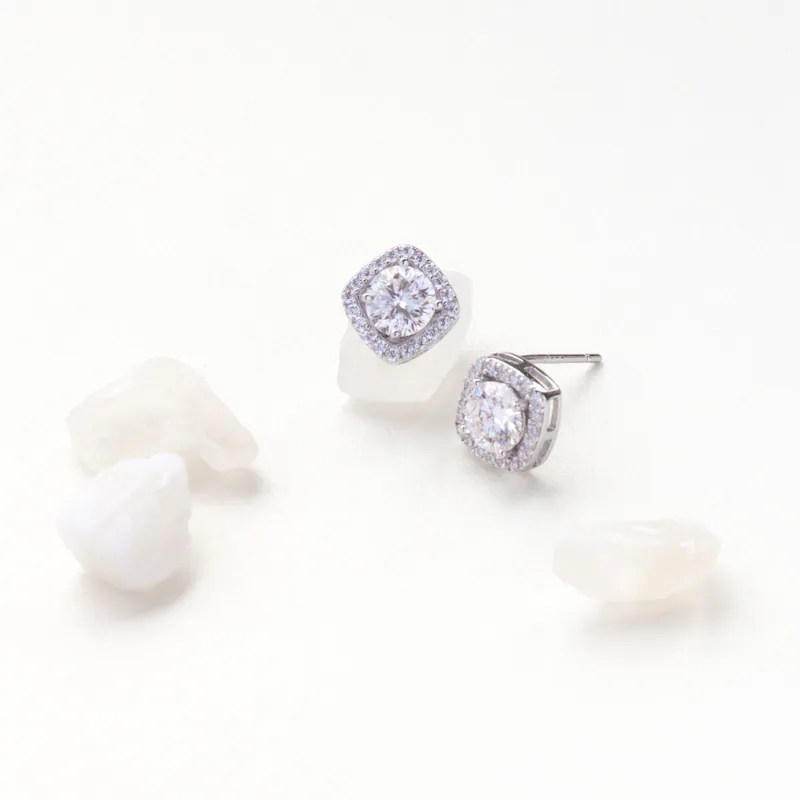 Silver Plated/菱格方塊．莫桑鑽耳環