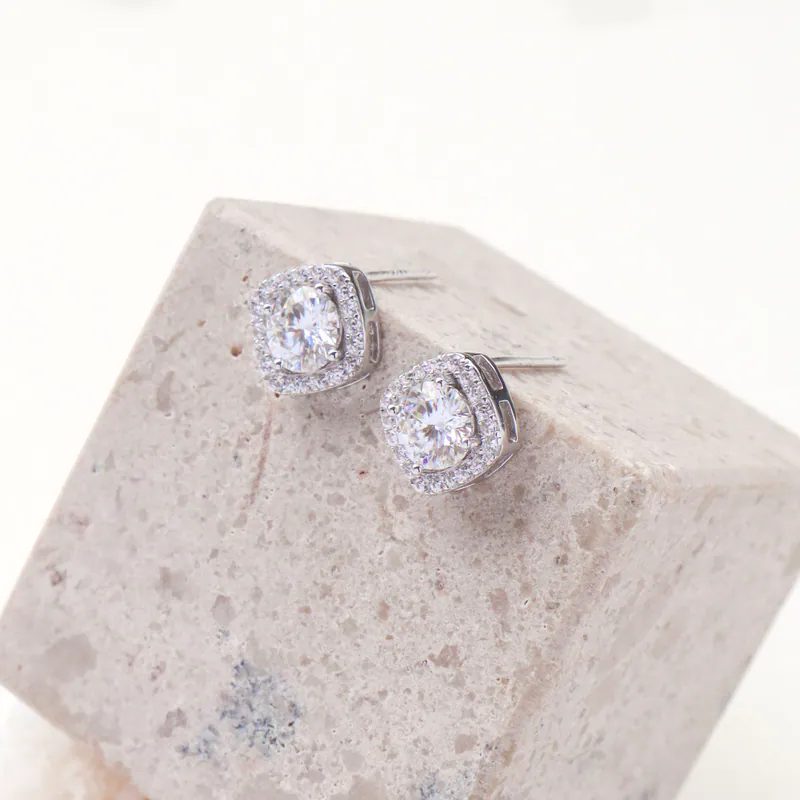 Silver Plated/菱格方塊．莫桑鑽耳環 4